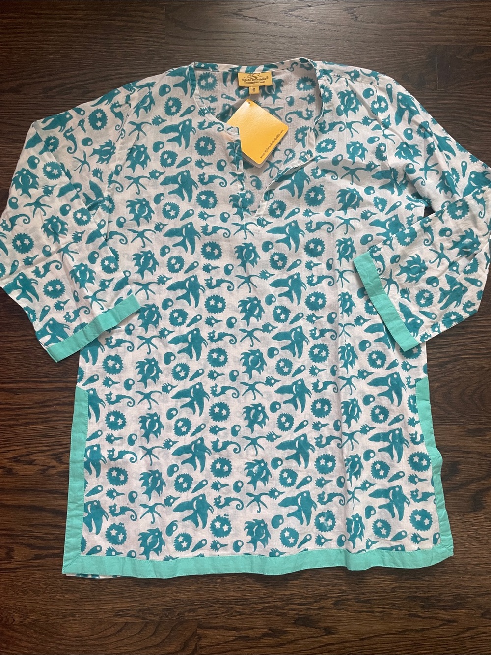 Roberta Roller Rabbit Teal & White Printed Cotton Tunic NWT